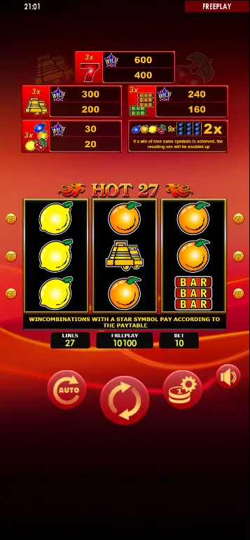 Основная игра Hot 27 – полная сетка 3x3 со всеми символами и управлением ставкой