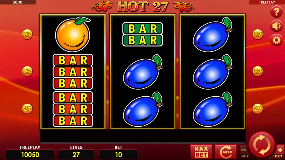 Основная игра слота Hot 27 – полная сетка 3x3 с фруктовыми символами и классическим интерфейсом