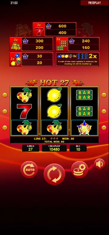 Замена Wild-звездой в классическом фруктовом слоте Hot 27 – выигрышная линия с Wild