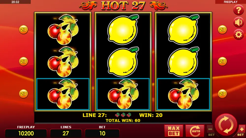 Слот Hot 27 – стек из семёрок закрывает барабан сверху донизу